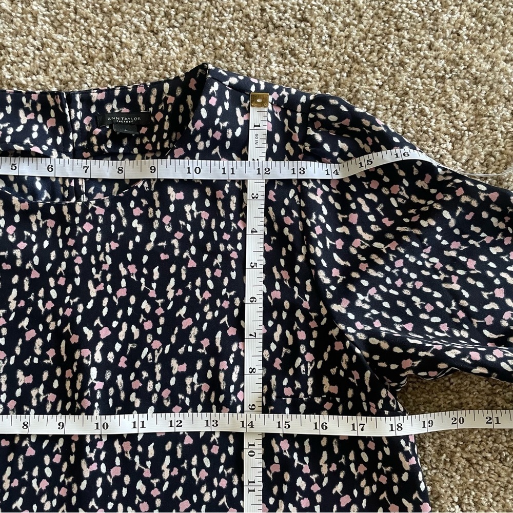 Ann Taylor Shift Dress Women’s 4 Multicolor Spots Relaxed Ruched Cuff Round Neck - Picture 12 of 14